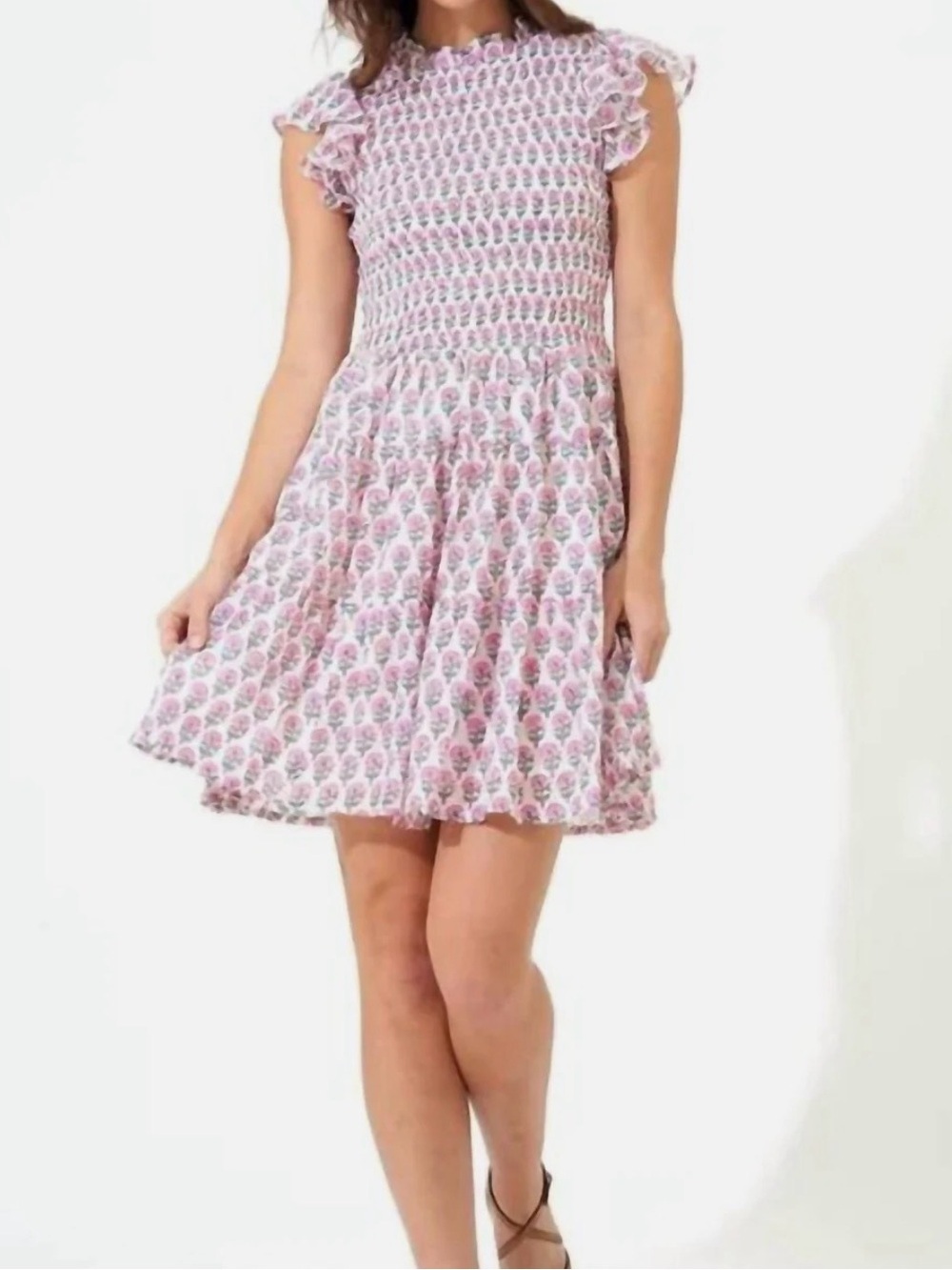 Oliphant Smocked Flirty Short Dress in Boti Green and Pink Size Small